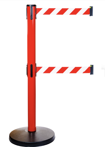 Металлическая стойка ограждения BarrierBelt® 511R  с двумя красно-белыми лентами 3,65 метра